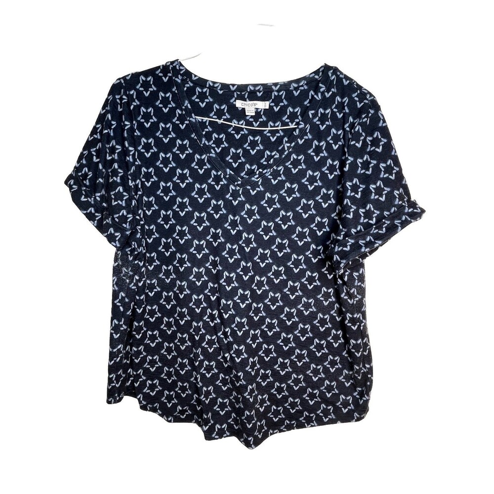 Chicos Art Print Abstract Starts Short Sleeve Knit Top Blouse sz 2 / L (15